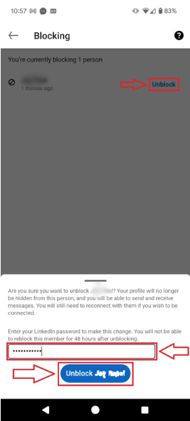 A step to unblock the profile via mobile app by entering the password and tapping on the Unblock button.