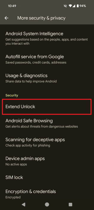 Tapping on "Extend Unlock" option in Android Settings. 