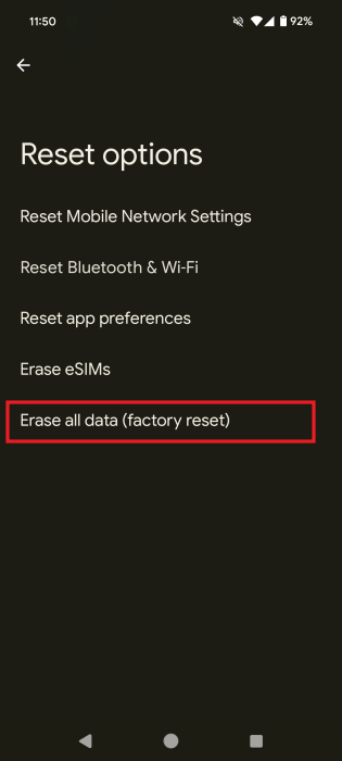 Opting for Factory Reset option via Android Settings.