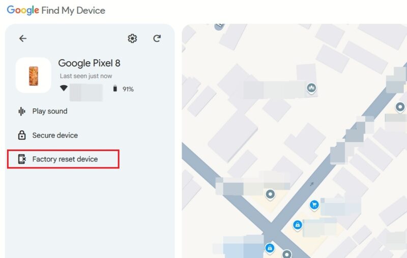 Tapping on "Factory reset device" button in Find My Device on PC.