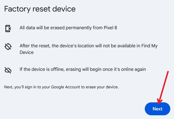 Pressing Next button in Find My Device to initiate factory reset.