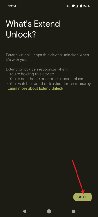 Tapping "Got It" button on the "What's Extend Unlock" page in Android Settings. 