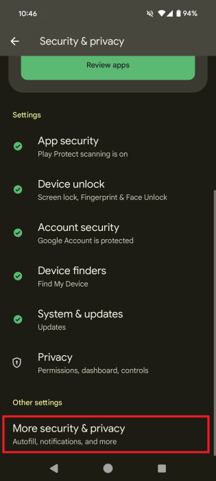 Selecting "More security & privacy" option at the bottom of Android Settings.