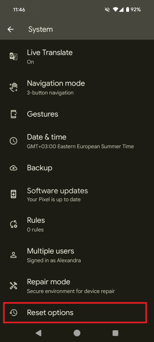 Selecting "Reset options" in Android Settings. 