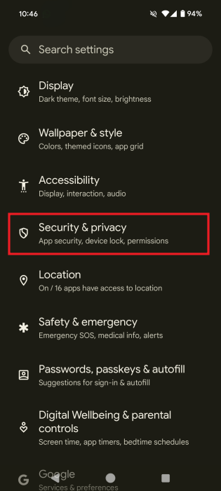 Tapping on "Security & privacy" option in Android Settings.