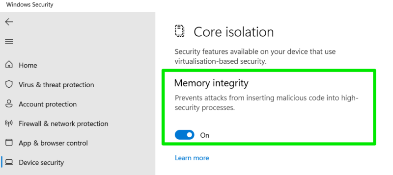 Enable core isolation in Windows 11