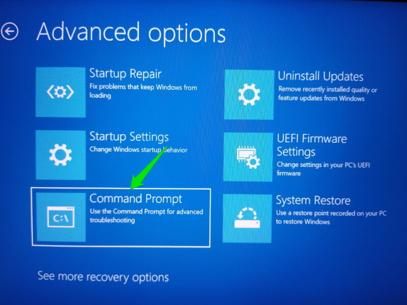 Select Command Prompt in the WinRE environment