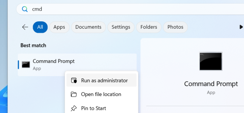 Command prompt run as administrator option in start menu