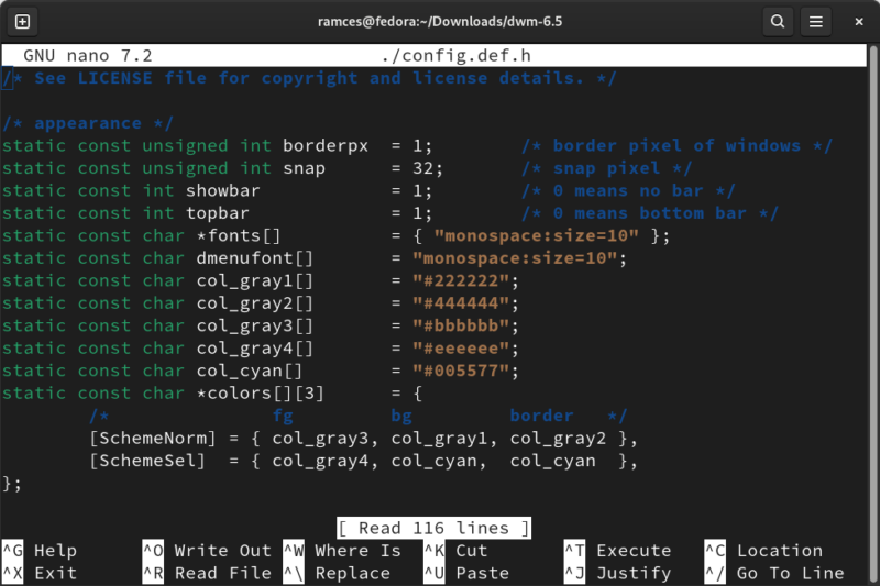 A terminal showing the config.def.h of dwm.