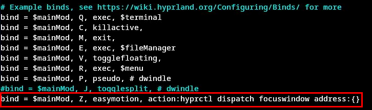 A terminal highlighting the custom keybind that activates HyprEasymode. 