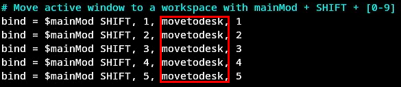 A terminal highlighting the "movetodesk" dispatch function replacing the original "movetoworkspace."