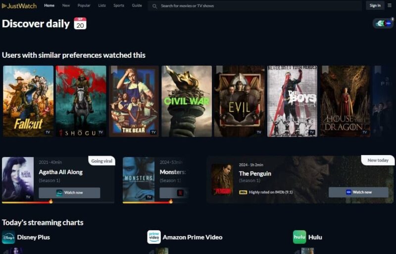 Checking the discover daily on JustWatch.