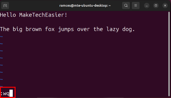 A terminal highlighting the command to save and exit the current file in Vim.