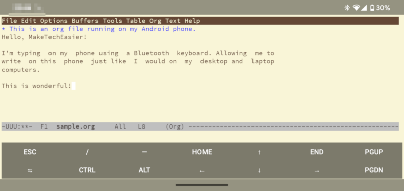 A screenshot showing Emacs running on an Android phone.