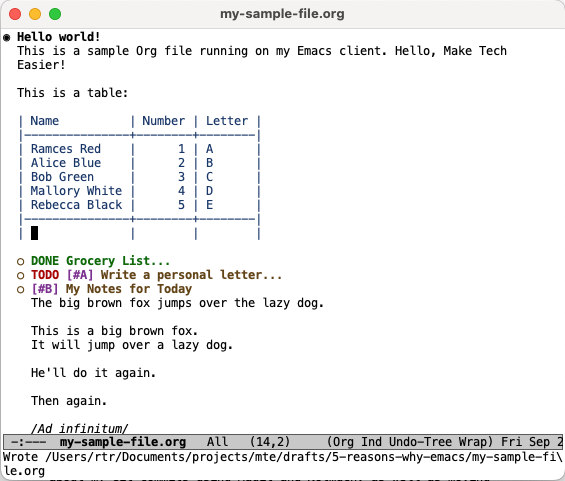 A screenshot showing my entire Emacs "theme" running on my Mac device.