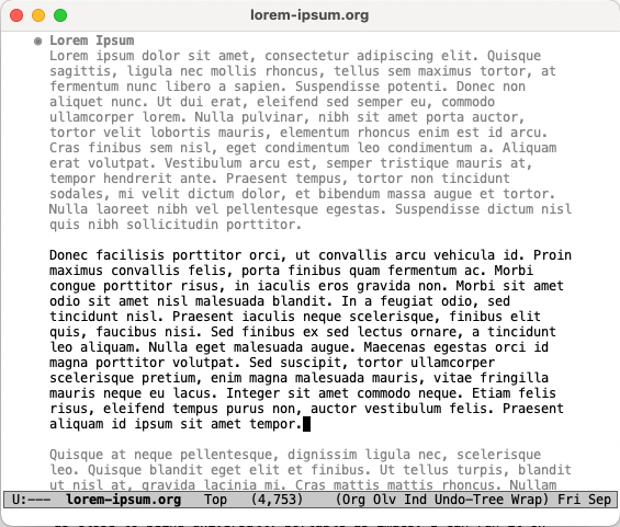 A screenshot showing Emacs with Olivetti Mode and Focus Mode running on an Org document.