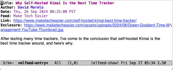 A screenshot showing Elfeed in Emacs displaying an RSS feed entry.