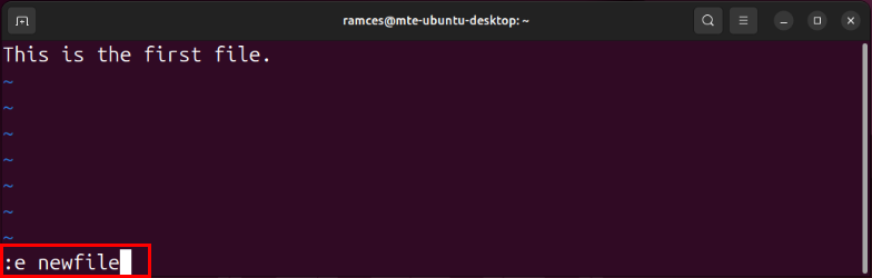 A terminal highlighting the open command for a new file in the command buffer.