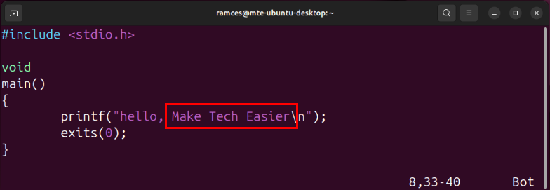 A terminal highlighting the modified text using Text Object commands.