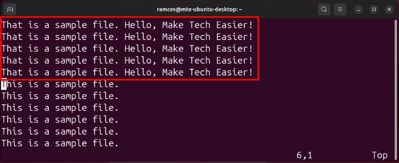 A terminal showing the Vim macro working properly.