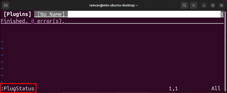 A terminal highlighting the PlugStatus command for Vim Plug.