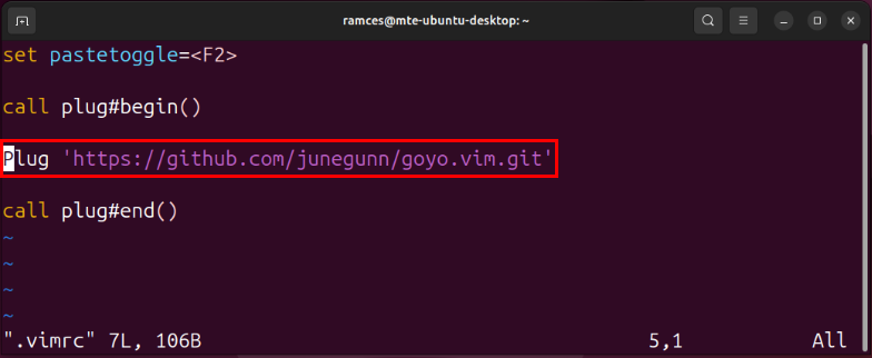 A terminal highlighting the Plug entry for installing a plugin in Vim.