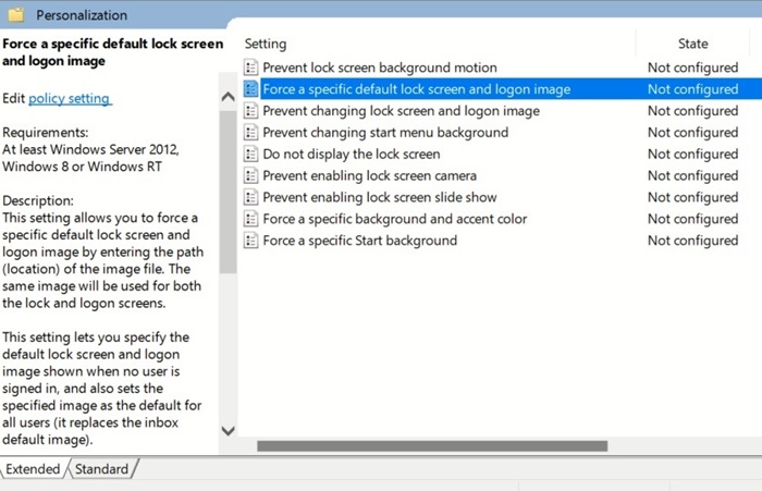 Force a specific lock screen and logon image in Local Group Policy Editor.
