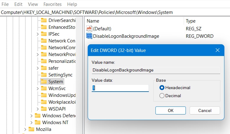 DisableLogonBackgroundImage set to 1 in Registry Editor.