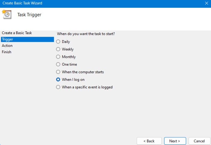 "When I log on" trigger in Task Scheduler.
