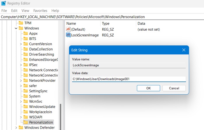 Value data of Lock screen image through Personalization field in Registry Editor.