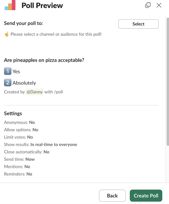 Overview a new poll in Slack before creating it