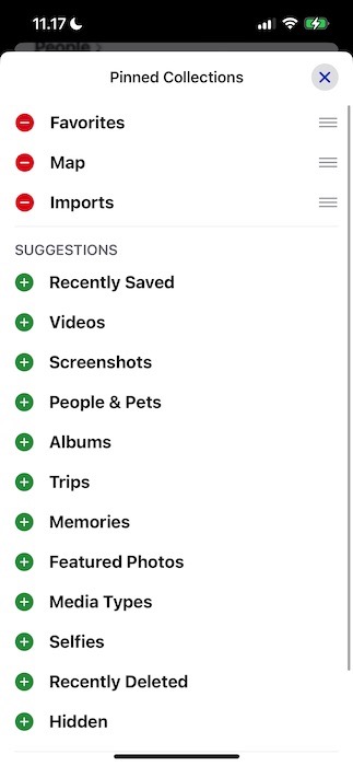 Editing the different Pinned Collections options in the iOS 18 Photos app
