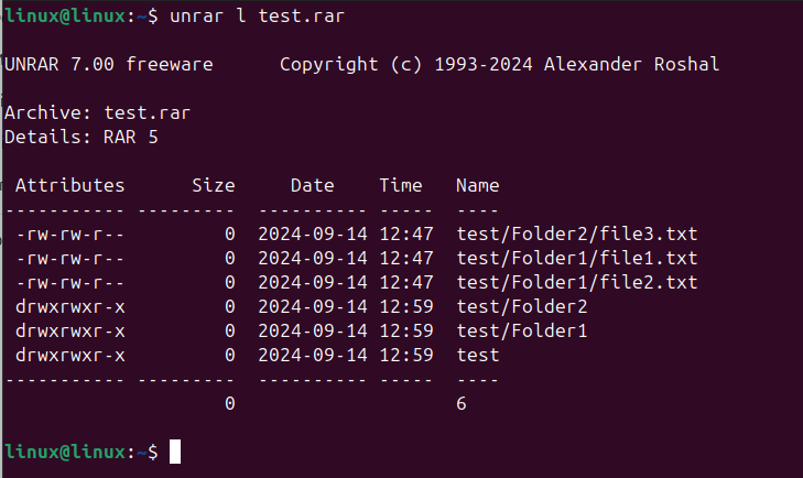 Examine the contents using the unrar command with l flag.