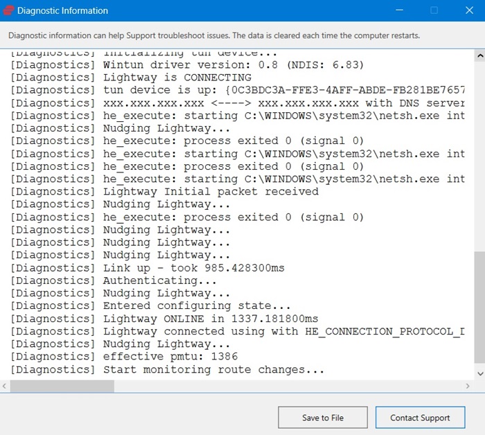 Monitoring route changes using Lightway protocol using ExpressVPN diagnostics.