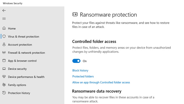 Ransomware protection using controlled folder access in Windows.