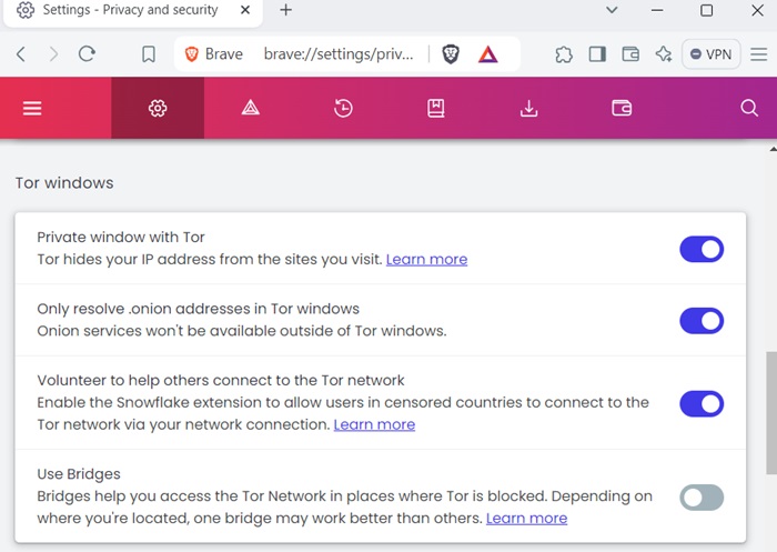 Tor windows settings enabled on Brave browser on a Windows device.