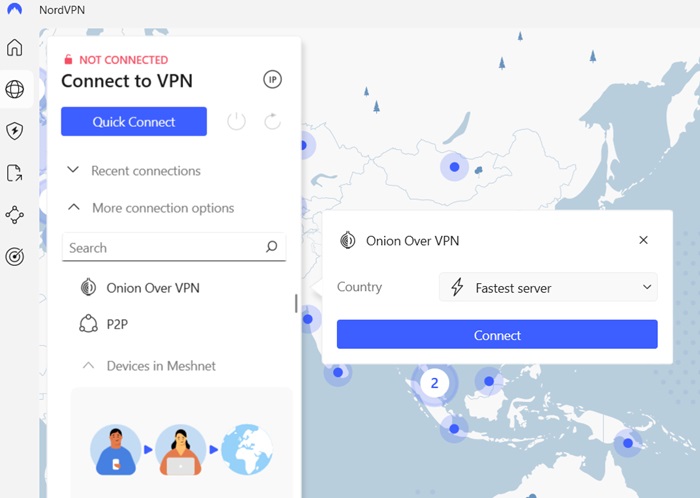 NordVPN app with specialty Onion over VPN servers ready to connect.