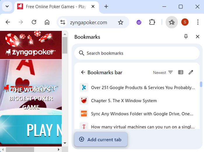 Using "Add current tab" to add a webpage to "Bookmarks bar."