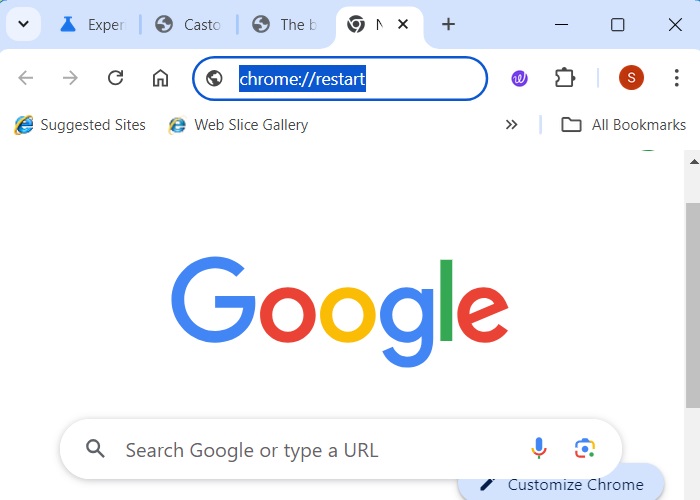 Typing "Chrome://restart" on the browser's address bar.