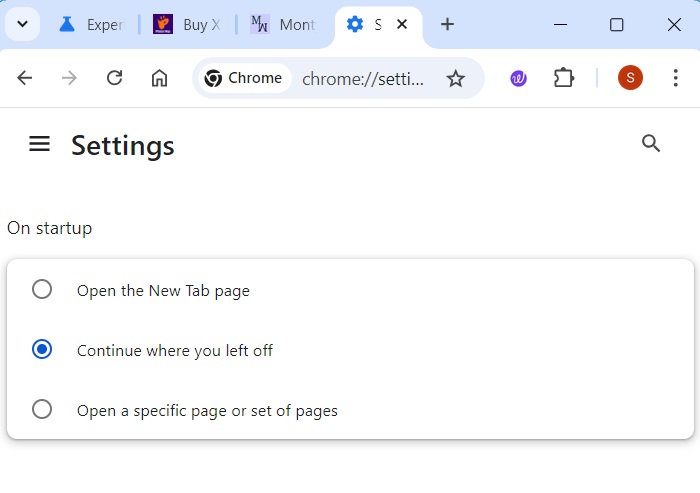 "Continue where you left off" option to open closed tabs in Chrome.