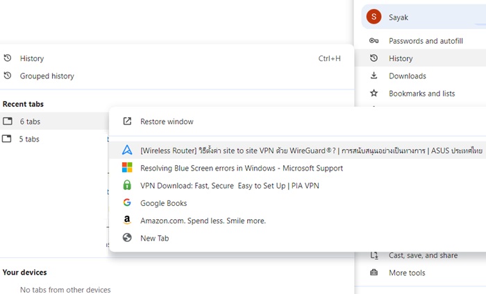 Using "Restore window" in "Recent Tabs" in Chrome History.