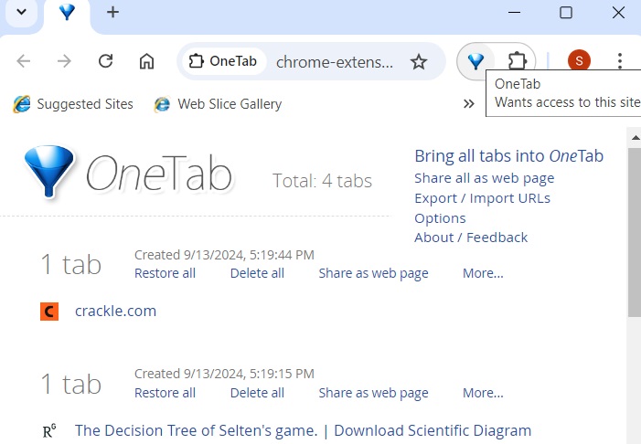 Multiple tab sessions open based on date and time in OneTab for Chrome.