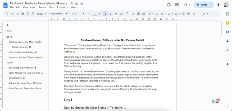 writing an article in the docs app on google chrome