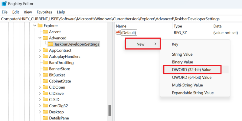 Screenshot of Windows Registry Editor, where a new 32-bit Value is being added to the TaskbarDeveloperSettings&nbsp;key.