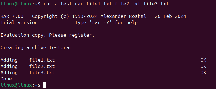 Adding files to RAR archive using the rar command in terminal.