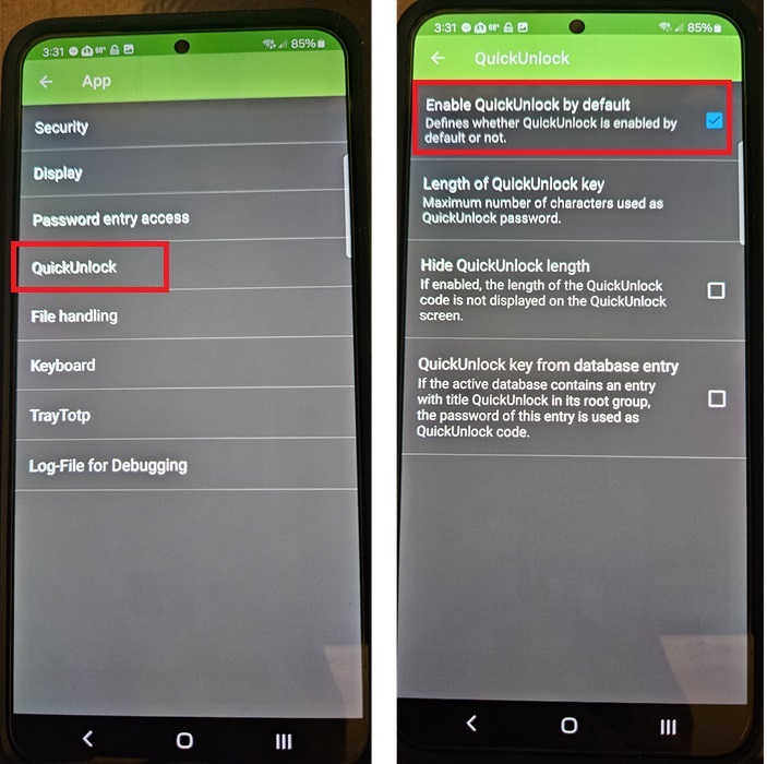 Turning on QuickUnlock in Keepass2Android.