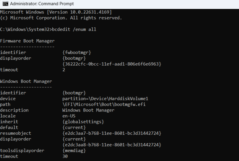 BCDEdit command in Windows Command Prompt