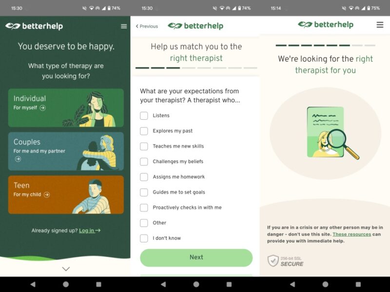 BetterHelp app interface overview.