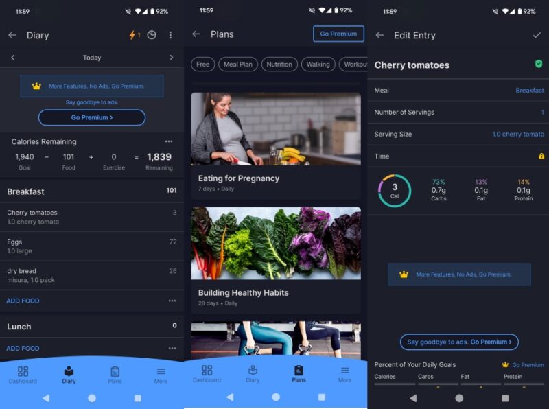 MyFitnessPal app interface overview. 