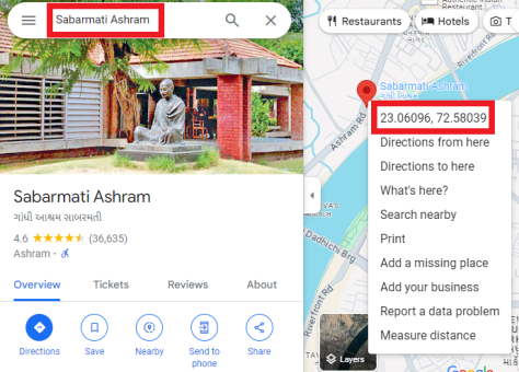Find location coordinates of two end locations on Google Maps Web.